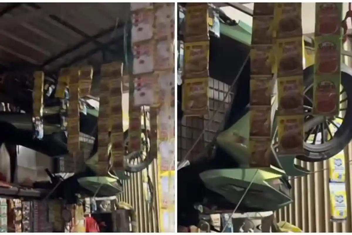 Viral! Bikin Geger Warga, Sebuah Motor Tersangkut di Plafon Warung Simpang Jalan Damanhuri Samarinda