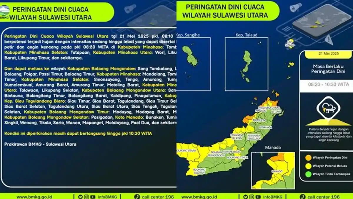 Peringatan Dini Cuaca Sulawesi Utara Rabu 21 Mei 2025, Daftar Daerah Berpotensi Dilanda Hujan Lebat