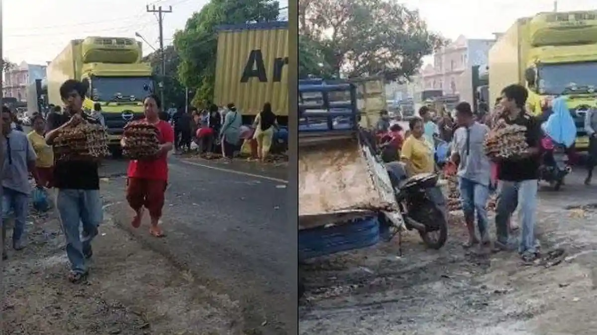 Warga Jarah Telur Berserakan dari Kecelakaan Mobil Pikap, HP hingga Dompet Korban Juga Digasak