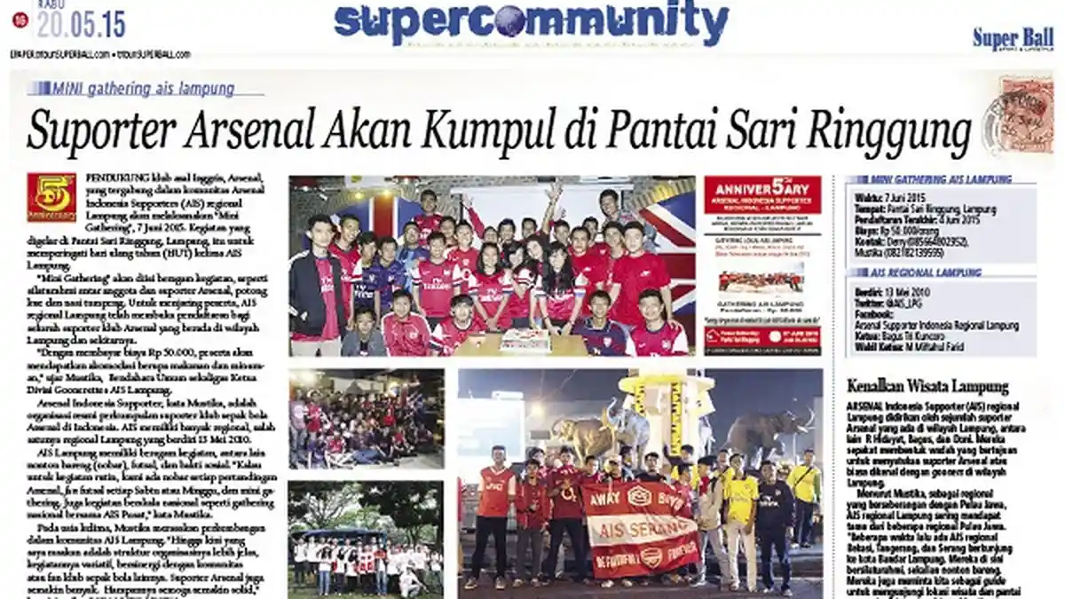 Suporter Arsenal Akan Kumpul di Pantai Sari Ringgung