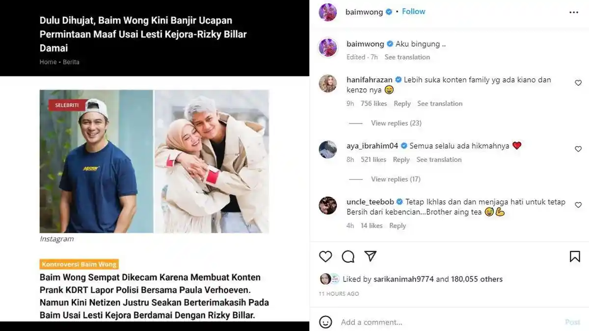 Baim Wong Bingung Warganet Banyak Minta Maaf usai Lesti Rizky Billar Damai