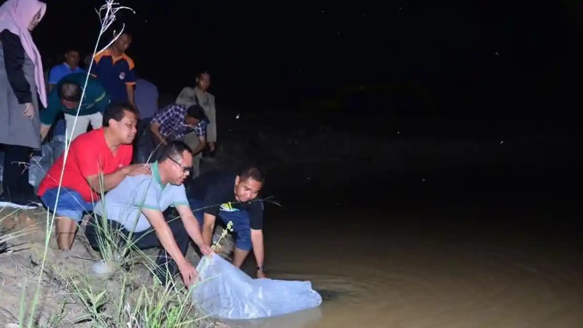 Pj Bupati Mesuji Sulpakar Tebar 50 Ribu Benih Ikan di Embung Pemkab Mesuji