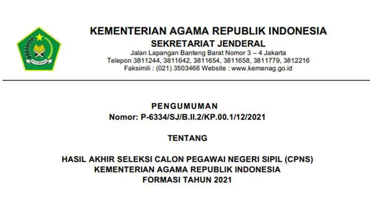 Link Pengumuman Hasil Akhir Seleksi CPNS Kemenag 2021, Download di kemenag.go.id