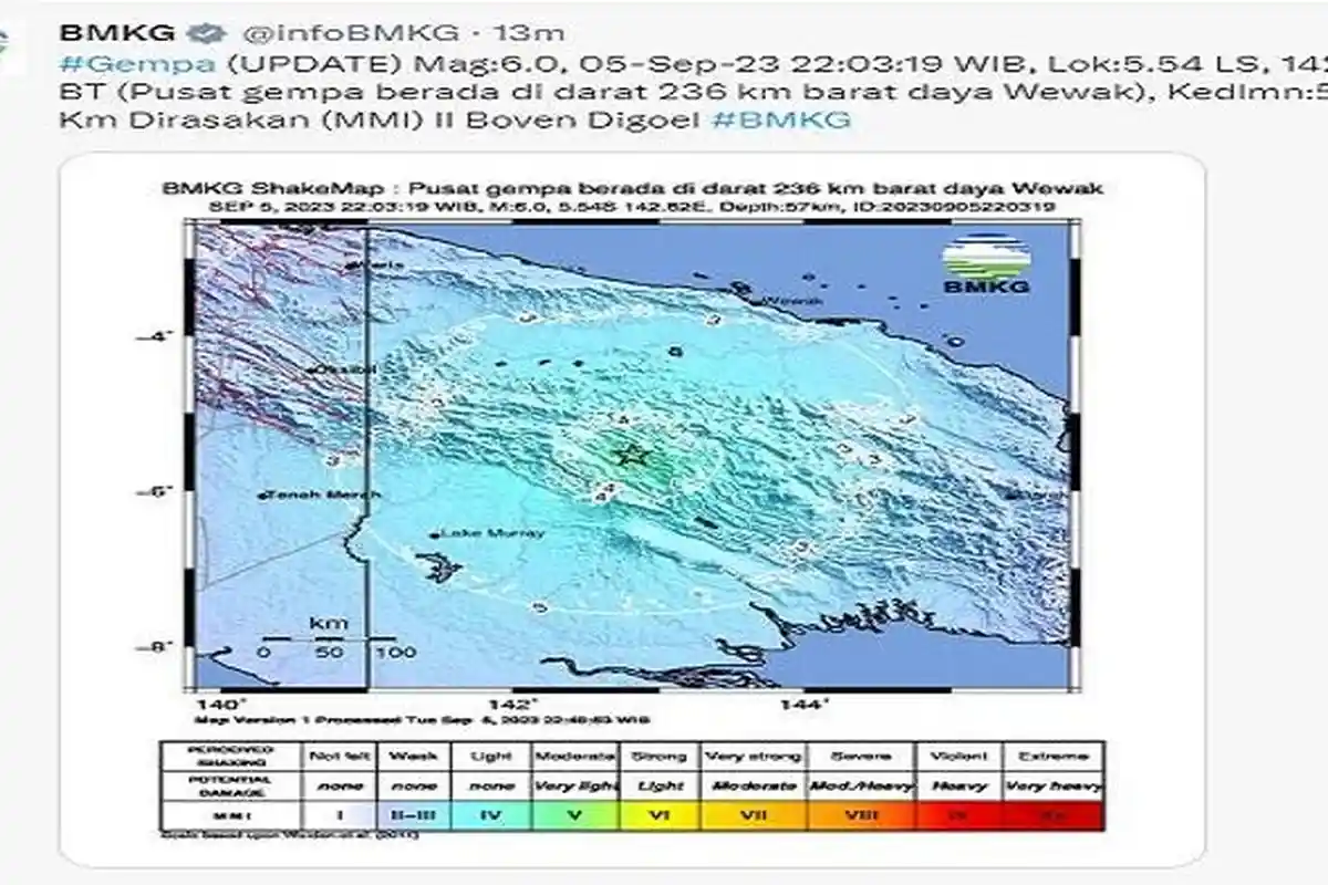 Gempa Hari Ini Selasa 5 September 2023 di Wewak Bermagnitudo 6.0, Dirasakan Hingga ke Papua Selatan