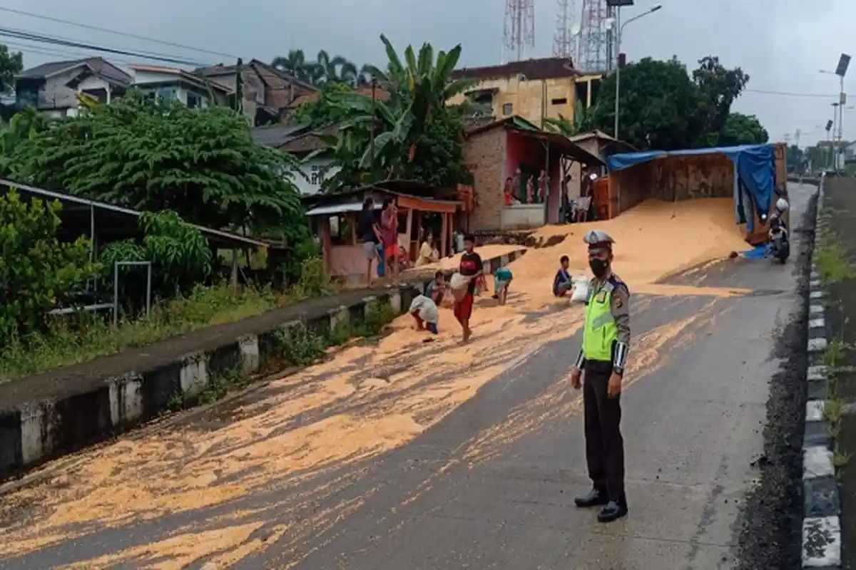 Truk Muatan Jagung Terguling di Lampung Selatan, Kerugian Ditaksir Capai Rp 50 Juta