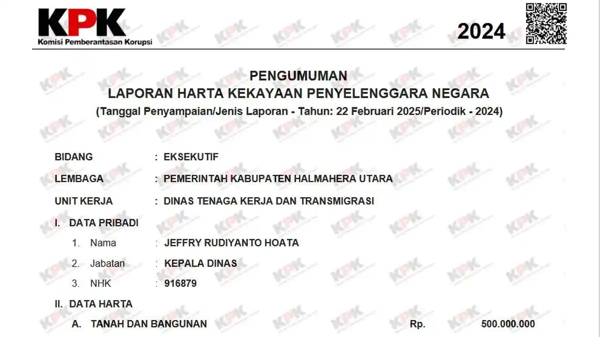 Harta Kekayaan Kepala Disnakertrans Halmahera Utara Jeffry Hoata Versi LHKPN 2024