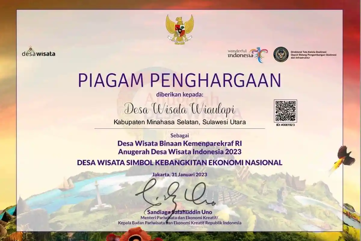 Desa Wiau Lapi Minsel Sulawesi Utara Raih Piagam Penghargaan sebagai Desa Wisata Indonesia 2023