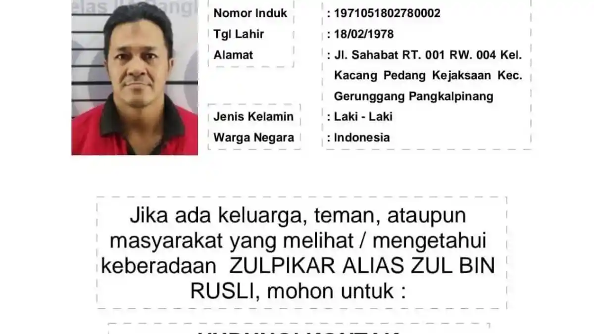 Sosok Zulpikar, Napi Kabur dari Lapas Tuatunu Pangkalpinang, Awalnya Disuruh Perbaiki Mesin Air