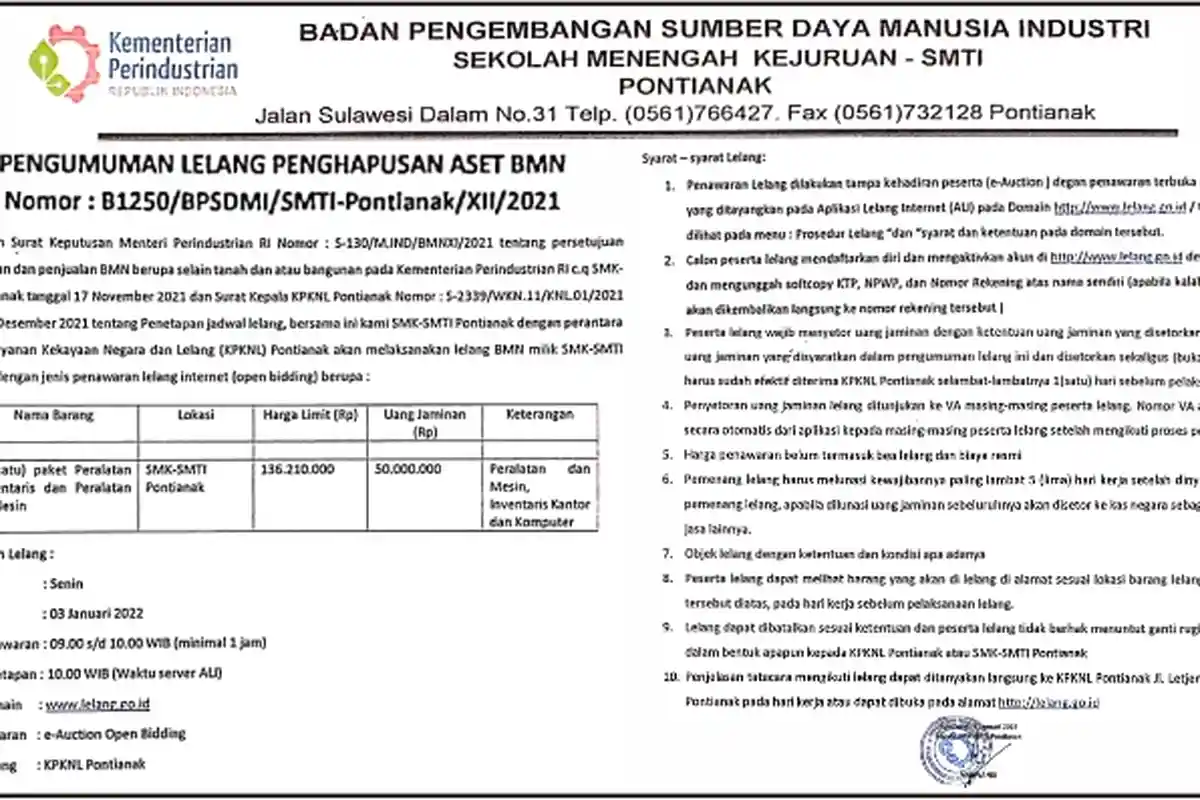 SMK SMTI Pontianak Umumkan Dua Lelang Penghapusan Aset BMN, Cek KPKNL - lelang-smk-smti-pontianak.jpg