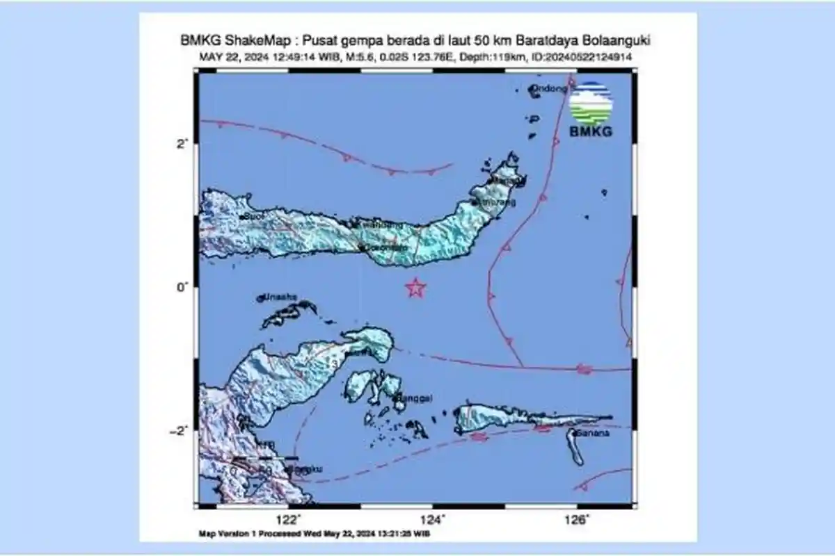 Gempa Barusan Magnitudo 5.6, Pusat Gempa Terkini 9 Menit yang Lalu di Bolaanguki, Sulut, Info BMKG