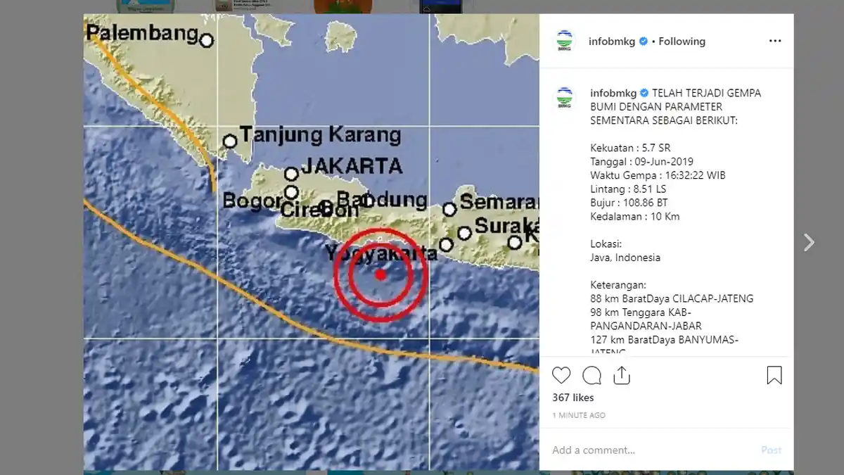 BREAKING NEWS Gempa 5.7 SR Guncang Cilacap Jateng Minggu (9/6) Jam 16.32 WIB, Berikut Info BMKG