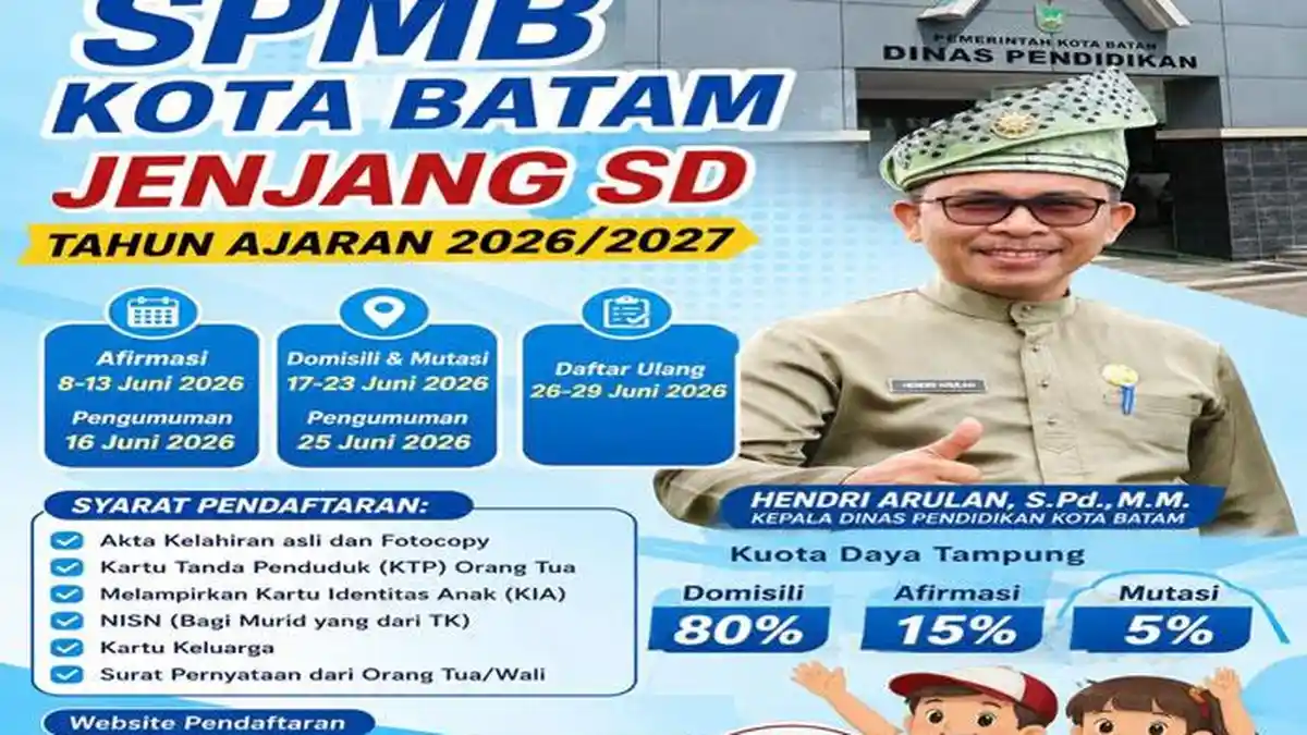 Tahapan SPMB Batam Jenjang SD, Disdik Batam Ungkap Pendaftaran Mulai 8 Juni 2026