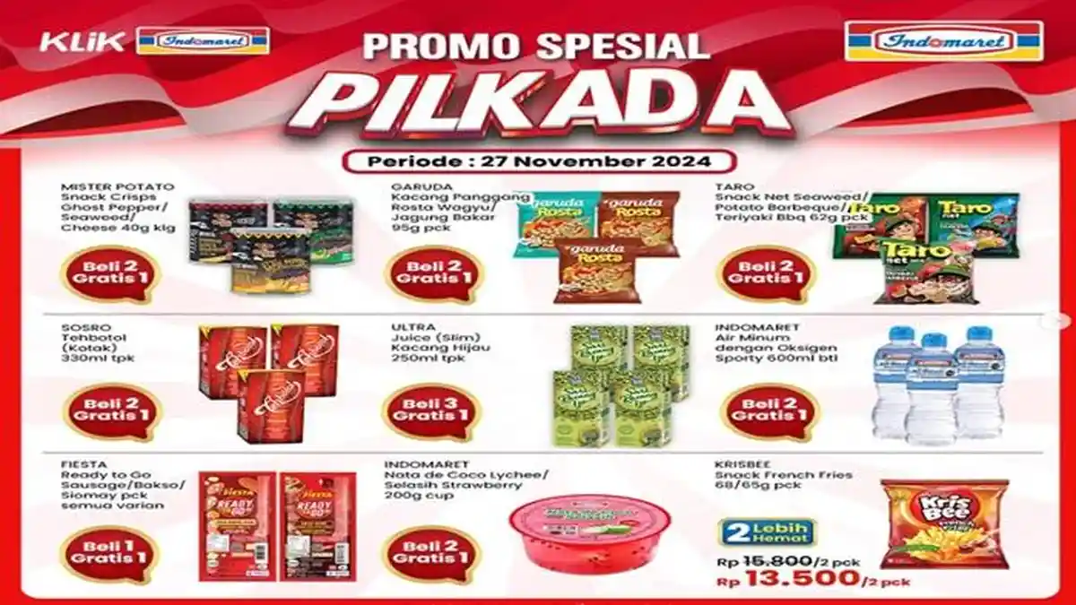 Promo Indomaret Terbaru Spesial Pilkada 2024:Air Mineral Beli 2 Gratis 1, Pop Mie Beli 2 Lebih Hemat