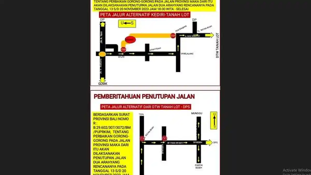 Jalur Utama Kediri Menuju DTW Tanah Lot Akan Ditutup Selama Seminggu
