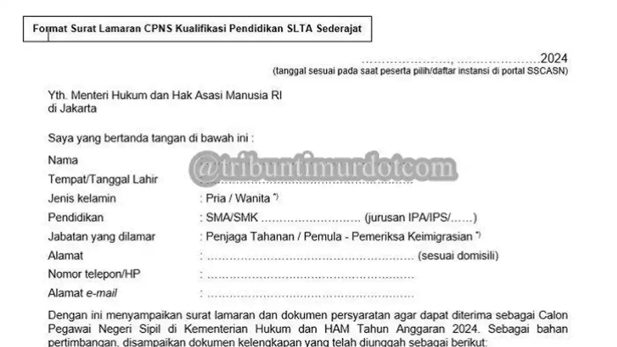 Format Surat Lamaran dan Surat Pernyataan CPNS Kemenkumham 2024, Lengkap Link Download