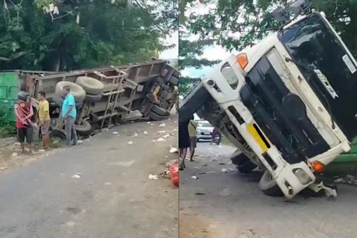 Truk Kontainer Terguling di Poasia Kendari Sulawesi Tenggara, Gegara Jalan Sempit Akibat Bak Sampah