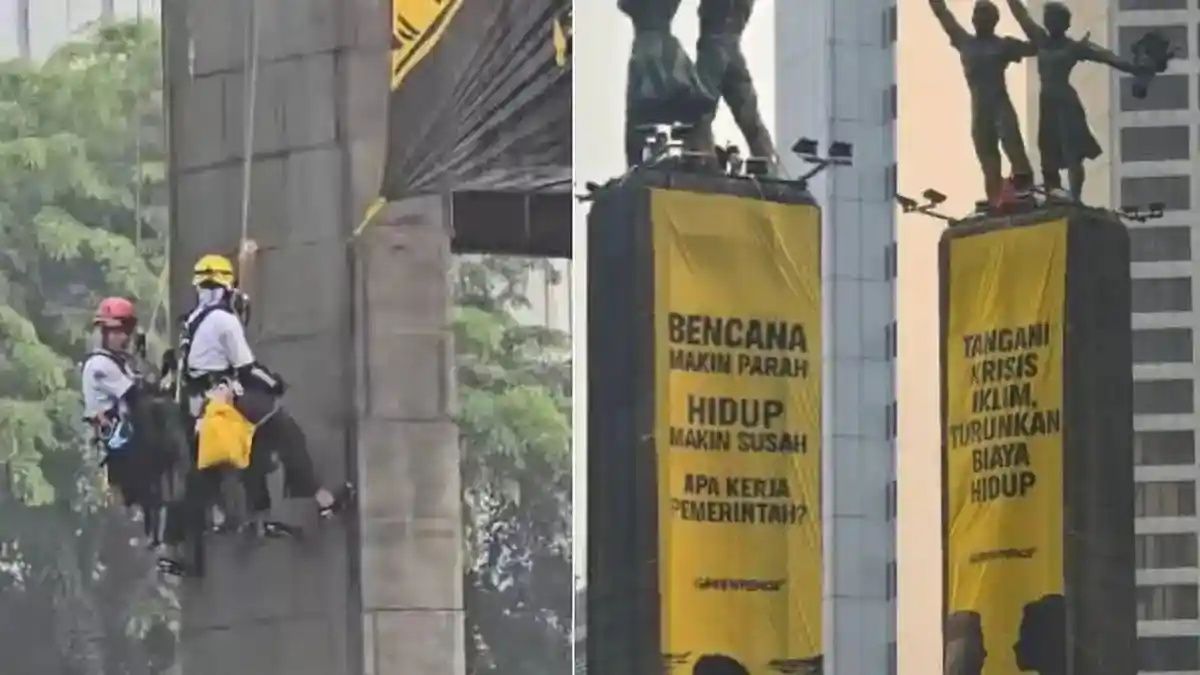 Sosok Dua Wanita Aktivis Greenpeace Kibarkan Spanduk Kritik di Bundaran ...