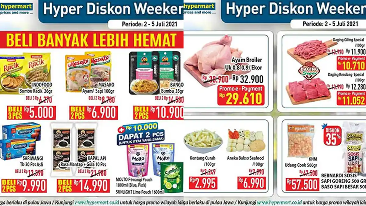 Promo JSM Hypermart 3 Juli 2021, Ayam Broiler Rp29.610, Molto, Sunlight Tambah Rp1000 Dapat 2 Pcs