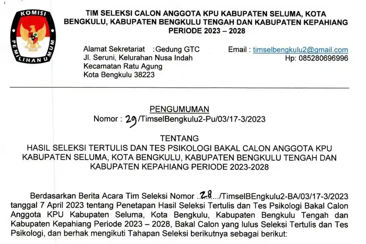 Daftar Lengkap 20 Besar Calon Komisioner KPU Kota Bengkulu, Seluma, Bengkulu Tengah dan Kepahiang