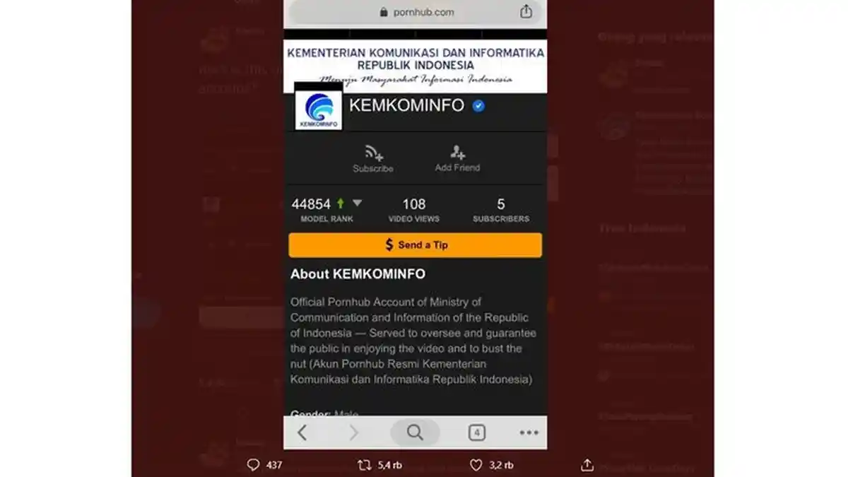 Viral di Twitter Akun Kemenkominfo Ada di Situs Pornhub.com