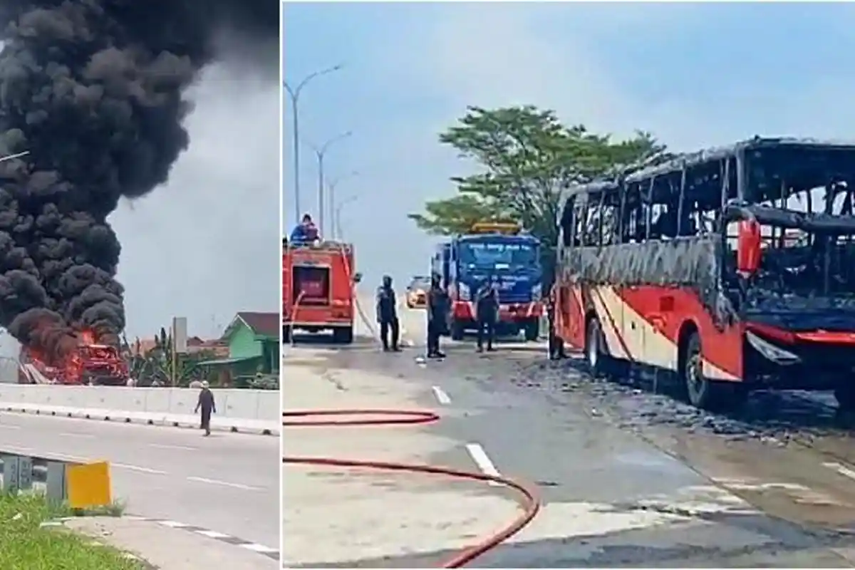 Bus Agra Mas Terbakar di Dekat Exit Tol Adiwerna Tegal, Sempat Mogok dan Diderek