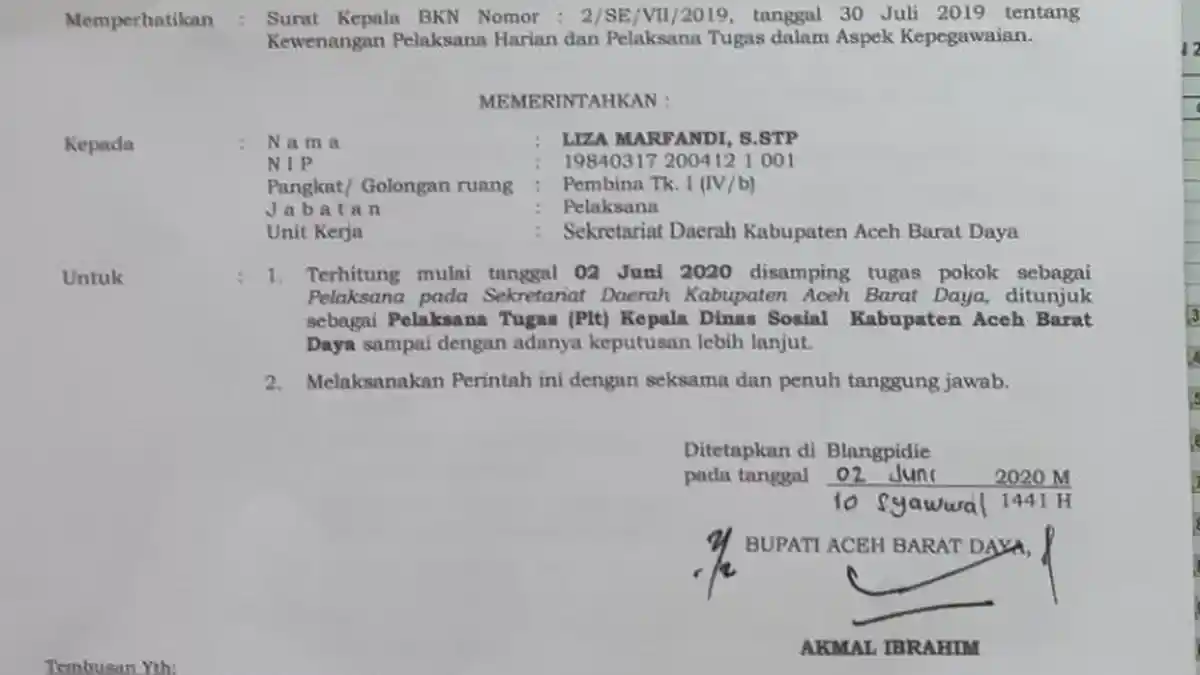 Akmal Ibrahim Resmi Tunjuk Plt Kepala Dinas Sosial Abdya, Ini Sosok Penggantinya