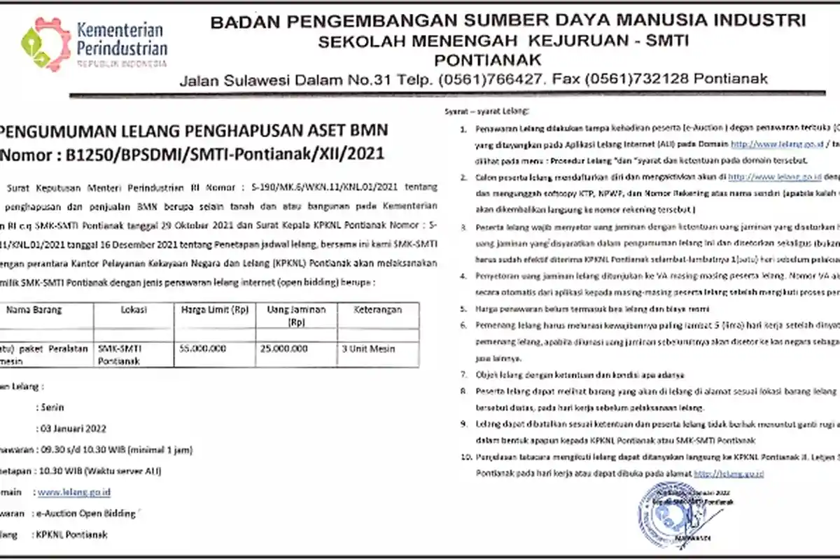 SMK SMTI Pontianak Umumkan Dua Lelang Penghapusan Aset BMN, Cek KPKNL - smk-smti-pontianak-akan-melaksanakan-dua-lelang-bmn.jpg