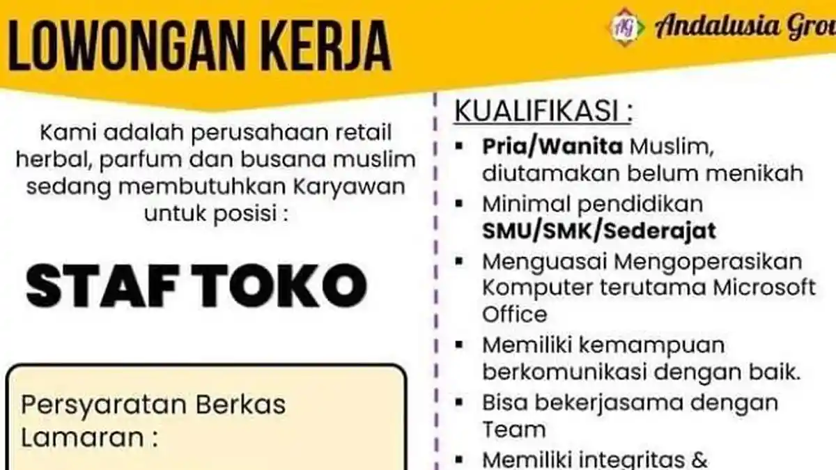 Lowongan Kerja Kendari, Andalusia Group Buka Rekrutmen Posisi Staf Toko, Syarat dan Cara Daftar