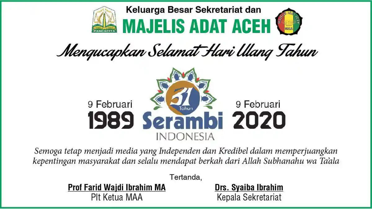 Ucapan Selamat HUT ke-31 Harian Serambi Indonesia dari Majelis Adat Aceh