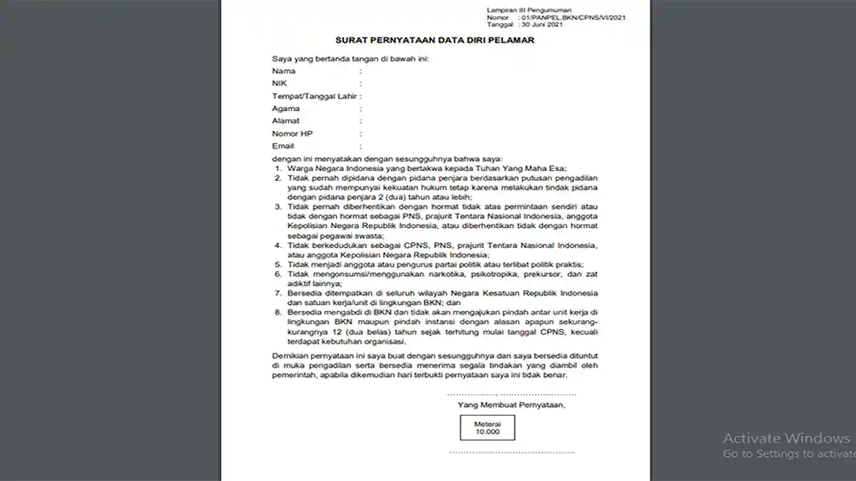 CONTOH Surat Pernyataan CPNS 2021, Format Surat Pernyataan Sesuai Petunjuk BKN
