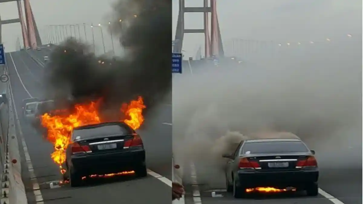 Mobil Sedan Terbakar di Jembatan Suramadu, 4 Perempuan dan 1 Sopir Ada di Dalamnya
