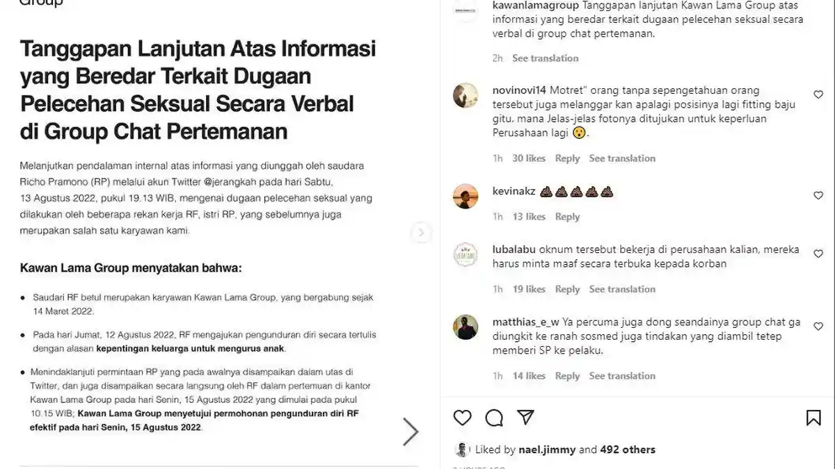 Tanggapi Dugaan Pelecehan Seksual, Kawan Lama Group Beri Sanksi SP 3 kepada Karyawan yang Terseret