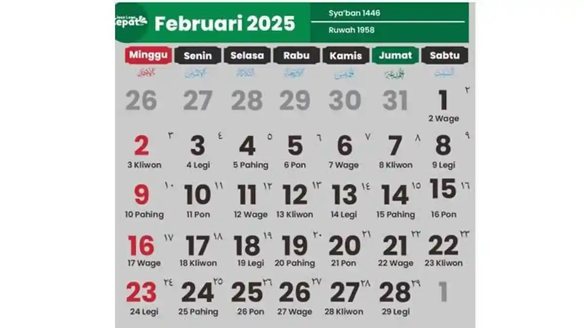 Kalender 2025 Februari Lengkap dengan Pasaran Jawa dan Neptu