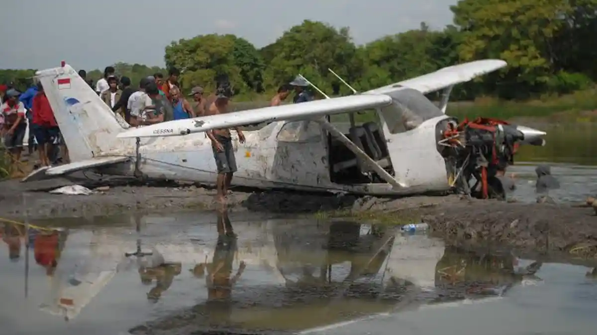 Pesawat Cessna Tabrak Pohon Kelapa Lalu Jatuh ke Sawah