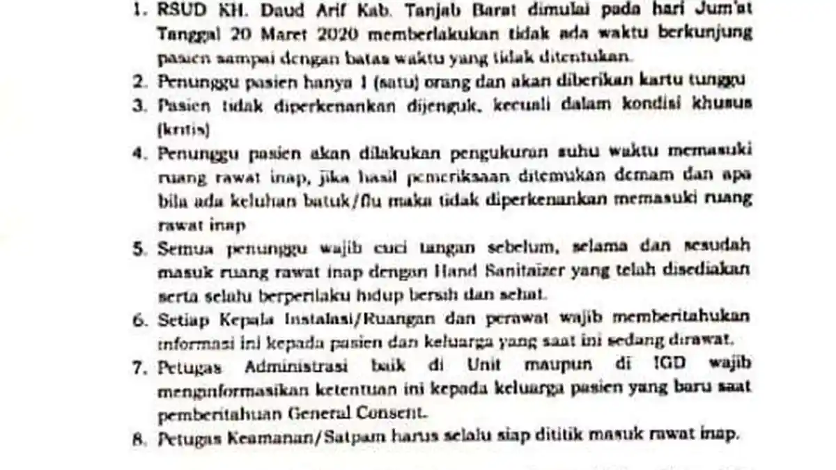 Cegah Virus Corona, Mulai Hari ini RSUD Daud Arif Kuala Tungkal, Tiadakan Waktu Kunjungan Pasien