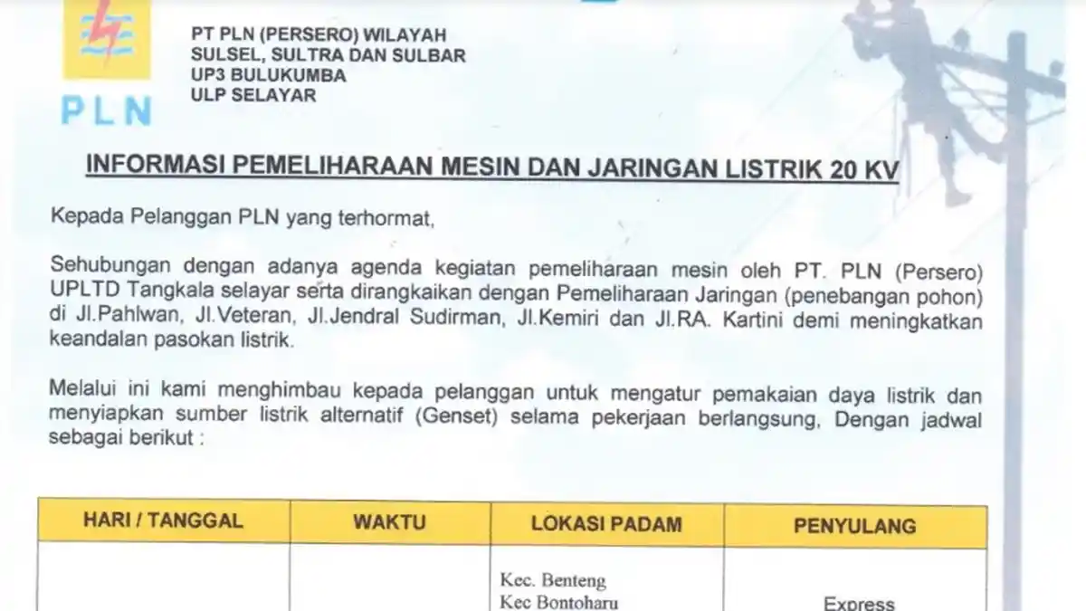 Siap-Siap, Besok Ada Pemadaman Listrik di 6 Kecamatan Selayar, Ini Lokasinya