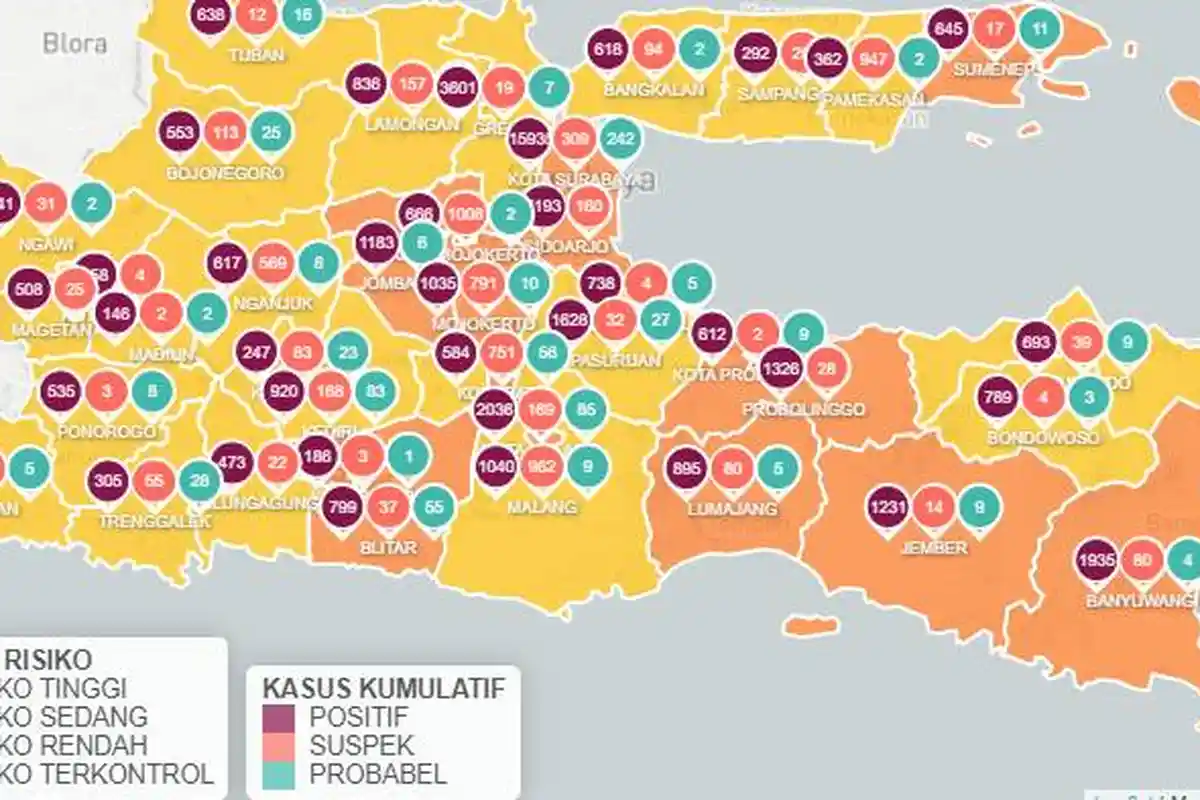 Update Zona Merah Covid-19 di Jawa Timur Senin 2 November: Probolinggo Lumajang Oranye, Ngawi Kuning