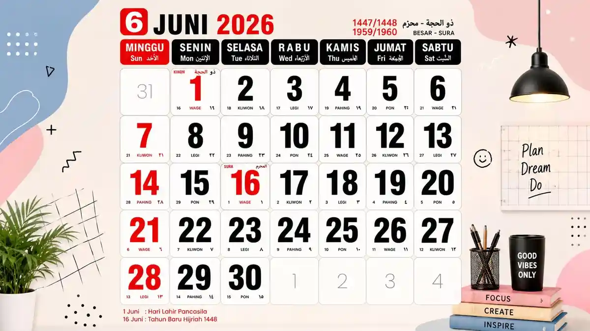 Kalender Juni 2026: Intip Tanggal Merah, Libur Nasional, dan Cuti Bersama