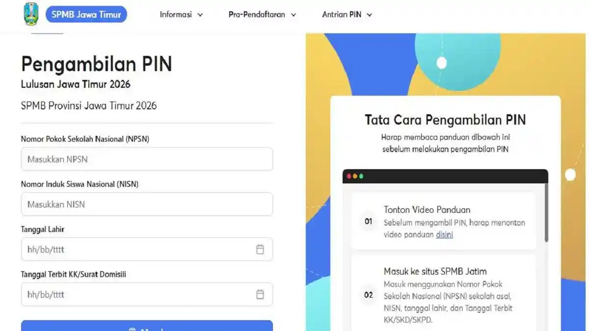 Hari Ini Pengambilan PIN SPMB Jatim 2026 Dibuka, Ini Cara dan Tahapan Verifikasinya