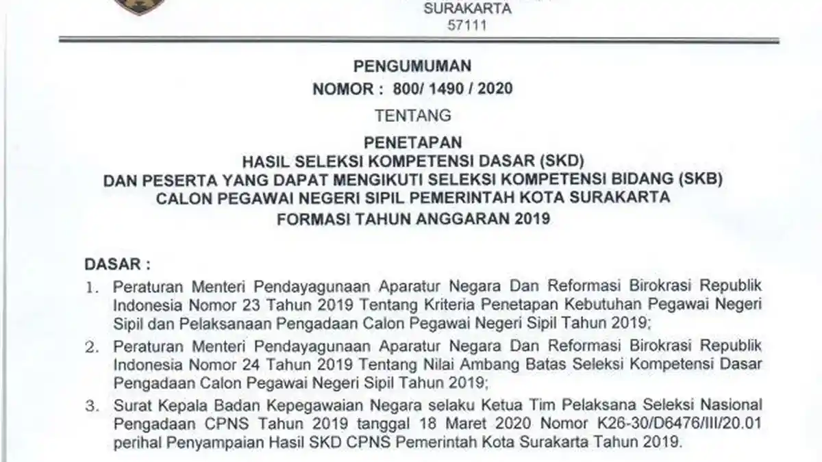 Ini Pengumuman Hasil SKD CPNS Pemerintah Kota Surakarta Tahun Formasi 2019