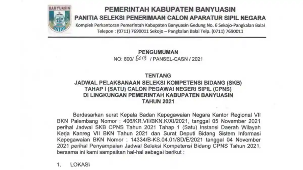 PDF Jadwal SKB CPNS Kab. Banyuasin Tahun 2021 Lengkap Info Ruangan dan Waktunya, Download Disini