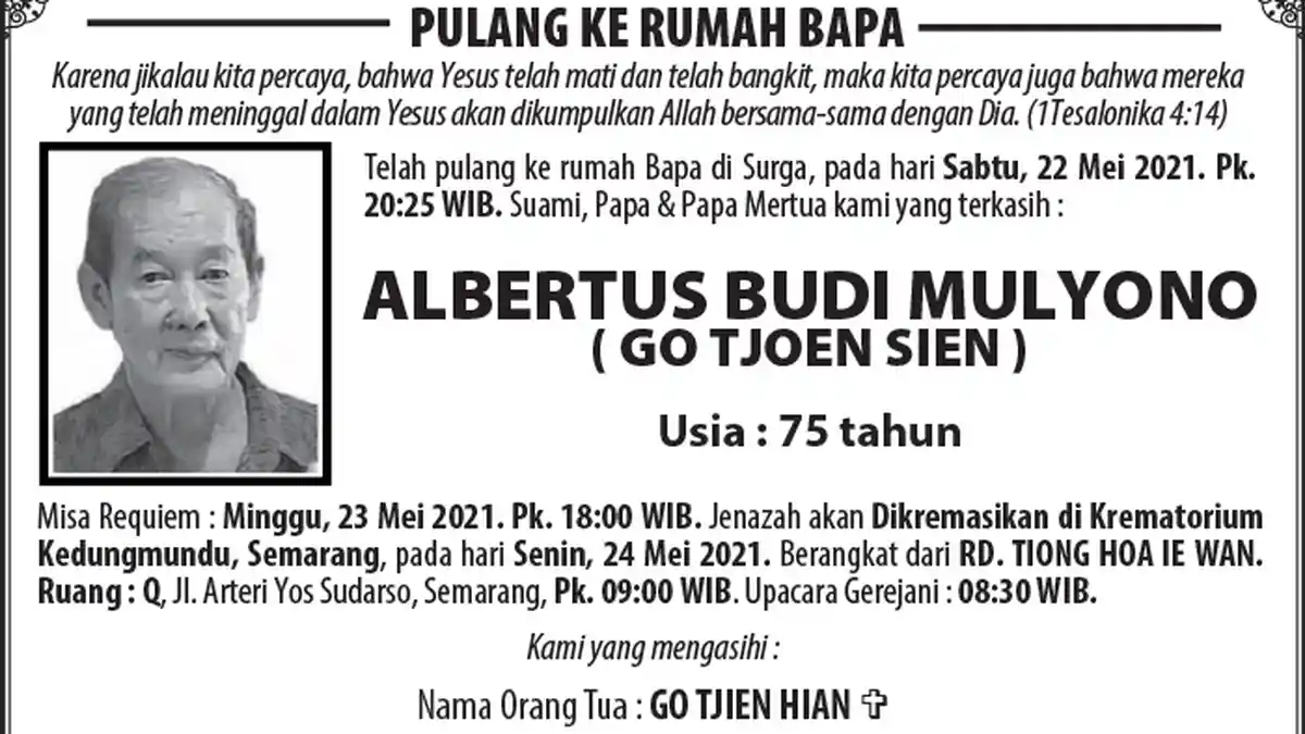 Berita Duka, Albertus Budi Mulyono Meninggal Dunia di Semarang