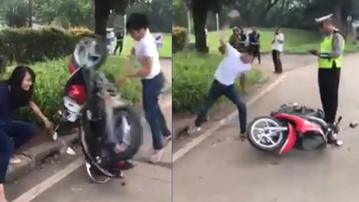 Tangis Wanita Ketika Hampir Tertimpa Motor yang Dirusak Pria di Serpong BSD : Udah, Sayang Udah