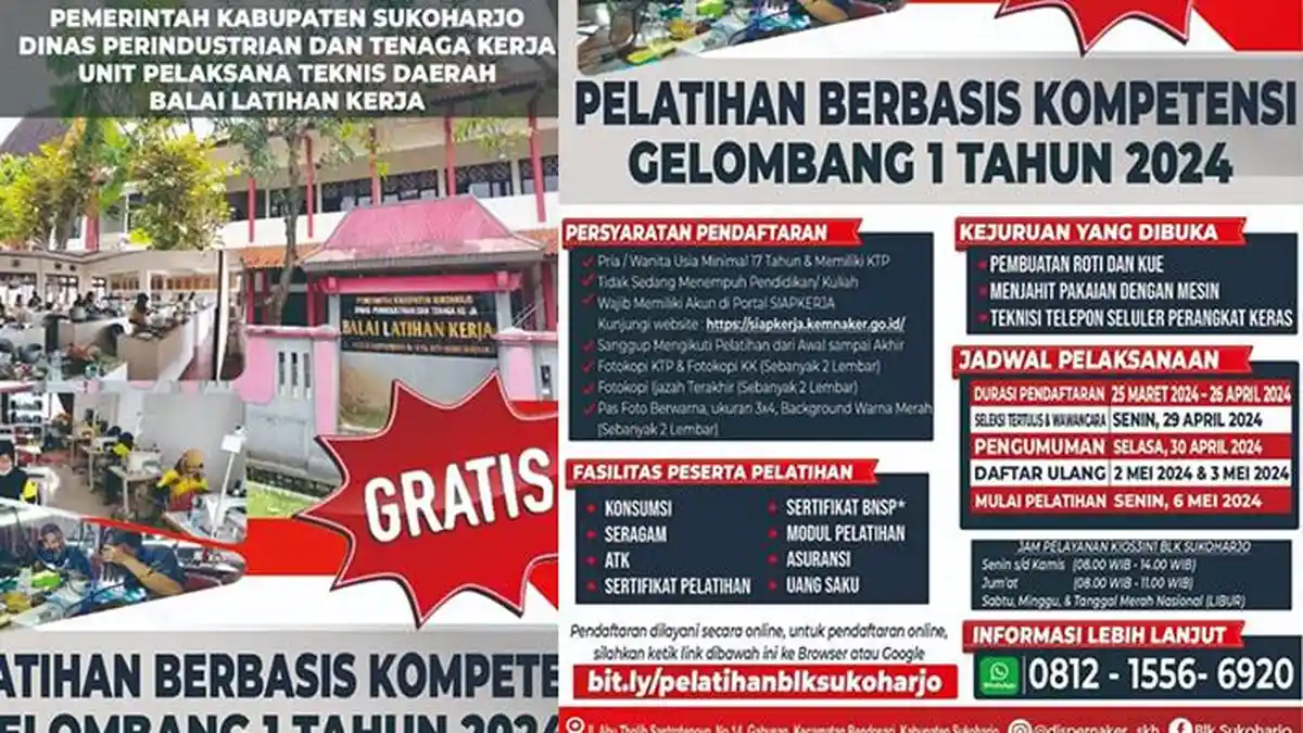 Info Pelatihan Kerja Gratis BLK Sukoharjo Lur! Lengkap Syarat dan Cara Mendaftar, Kuota Terbatas