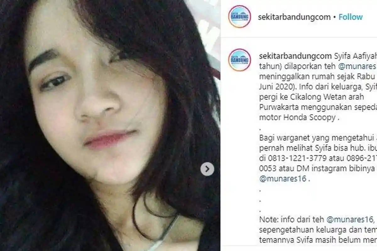 Gadis Asal Bandung Ini Sudah Sepekan Tak Pulang ke Rumah, Ponselnya Tak Aktif, Keluarga Lapor Polisi