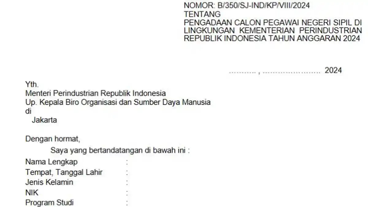 Format Surat Lamaran CPNS Kemenperin 2024, Dibuka untuk 971 Formasi