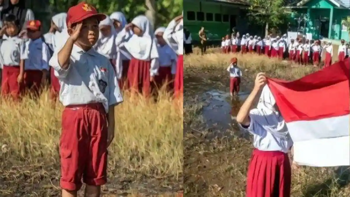 Momen Haru Siswa SD Gelar Upacara Bendera di Lapangan Berlumpur, Tak Peduli Becek dan Seragam Kotor