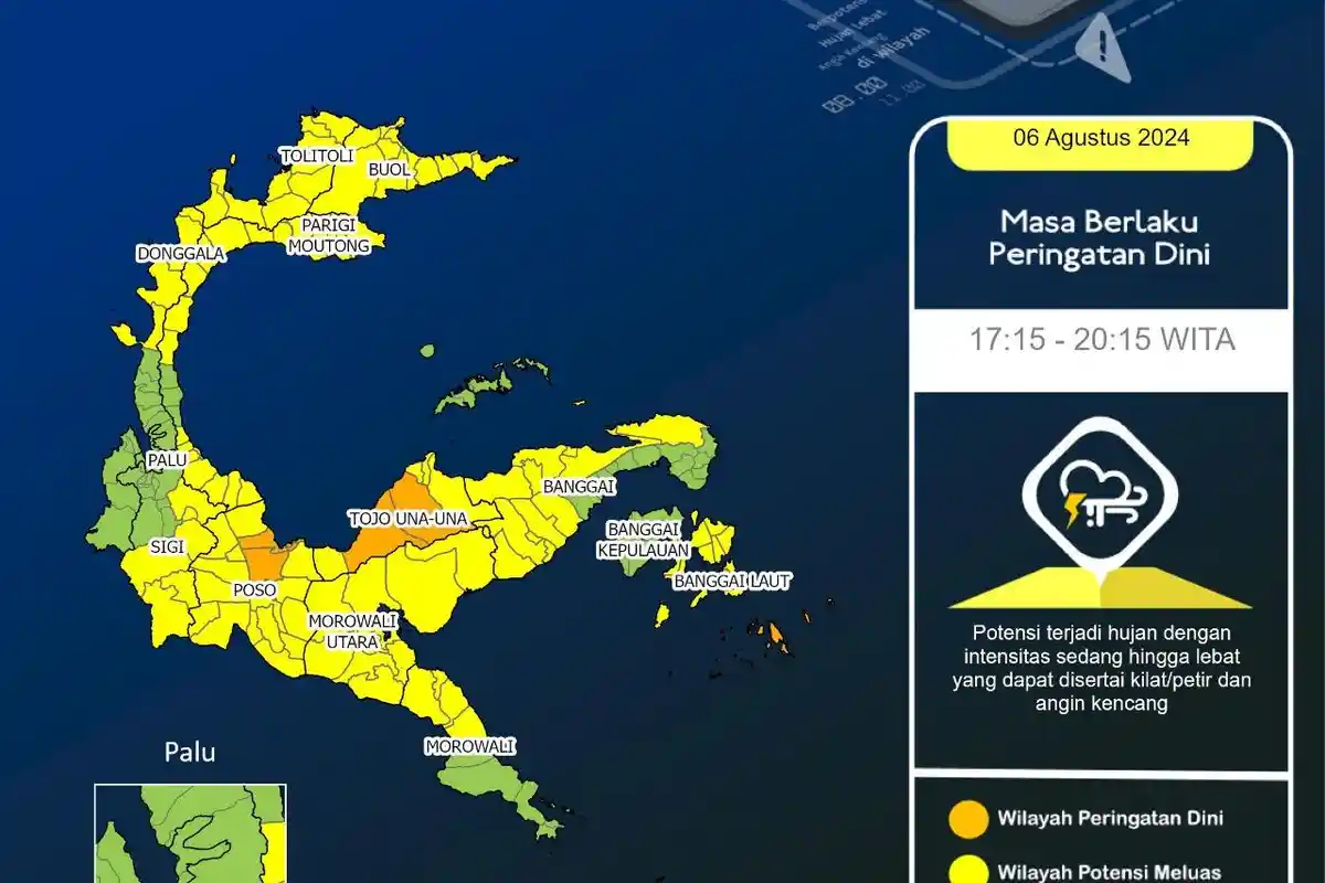 Update Peringatan Dini Cuaca Sulteng Sabtu 6 Agustus 2024 Sore hingga Malam