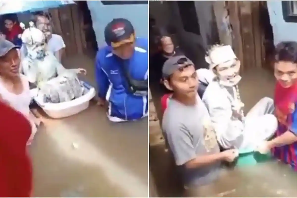 Viral Video Pengantin Wanita 'Tembus' Banjir DKI Jakarta, Jadikan Bak Bayi Sebagai Perahu
