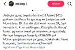 Tumari Angkat Bicara Pengalaman Mudik Lebaran 2026 Duduk di Kursi Plastik Bus Murni Jaya Rp420.000